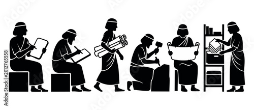 Fotografie Ancient Egyptian Scribes and Craftsmen Silhouette Icons Set, Traditional Papyrus