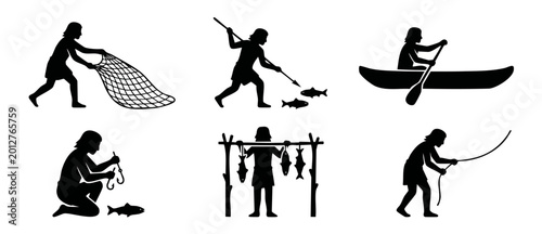 Canvastavla Prehistoric Caveman Fishing Icons Set: Ancient Hunter Silhouette Graphics for Tr