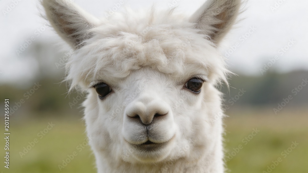 Fototapeta premium A white alpaca stands serenely in a lush green field, showcasing its soft and fluffy fur, with a blurred background that highlights its charming expression and adorable face.
