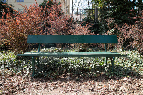 Empty green wooden bench in a sunny urban garden at springtime
