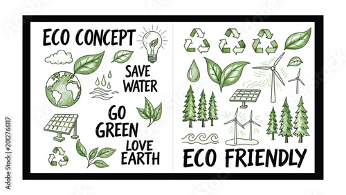 Εκτύπωση καμβά Eco-Friendly Ideas Illustrated: A captivating illustration featuring a series of eco-friendly elements, promoting environmental conservation and sustainability, including ideas