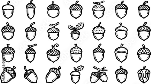 Tableau sur toile Black and White Line Art Acorns Icon Set - Diverse Nature and Autumn Forest Nuts