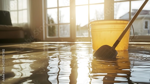 Water Damage Cleanup in Home with Bucket and Mop.