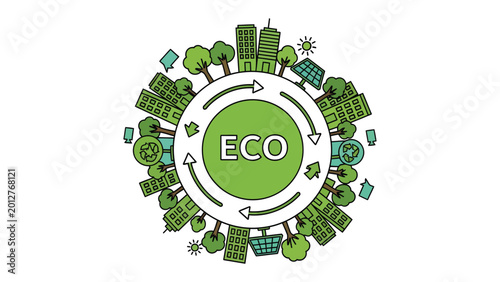 Картината върху платно Eco-Friendly City: A vibrant illustration depicts a sustainable city, showcasing renewable energy sources, flourishing trees, and eco-conscious practices within a circular design