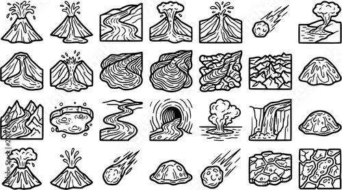 Photos Black and white line art icons of geological formations and natural disasters fo
