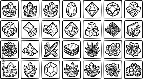Fotografia Black and White Line Art Icons of Gemstones and Crystals, Mineral Collection Vec