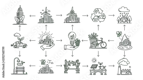 Schilderij op canvas Sustainable Ecosystem in Illustration: An artistic depiction of eco-friendly practices, showcasing a harmonious cycle of nature, recycling, and sustainable living