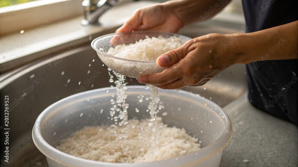 Fototapeta premium Person rinsing white rice in a clear bowl over a sink with water flowing, washing the grains into a larger container below.
