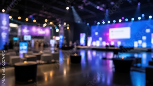 Blurred event hall background bokeh lights conference center exhibition stage corporate meeting gala ballroom party theater show auditorium indoor