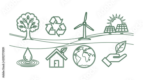 Bild auf Leinwand Eco-Friendly World: A collection of environmentally conscious icons come together to represent the concept of nature conservation and sustainability