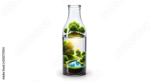 Green Champagne Bottle and Glass Isolated on White Background