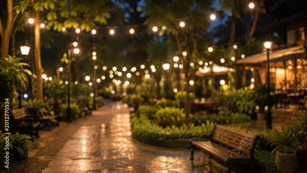 Fototapeta premium Blurred park night garden bokeh background string lights bench outdoor restaurant cafe terrace cozy evening atmosphere landscape
