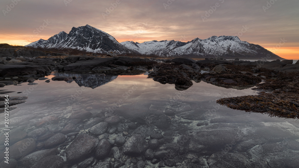 Obraz premium Rocky Coast Tide Pool Reflection at Sunrise with Snowy Mountains