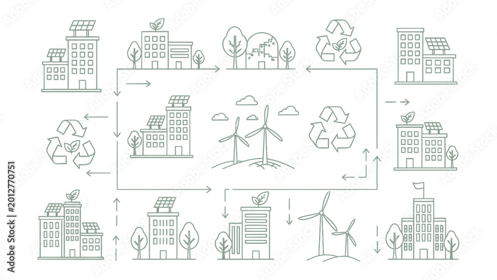 Fototapeta premium Eco-Friendly Urban Oasis: This illustration depicts a sustainable city, combining eco-friendly buildings and renewable energy sources.