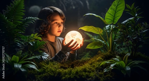 Smiling Girl Holding a Glowing Globe in the Night Forest