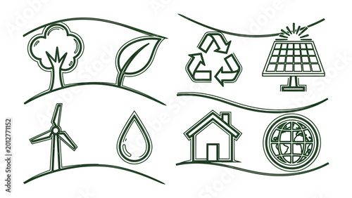 Fotografia Eco-Friendly Icons: A collection of meticulously crafted icons represents various sustainable living concepts, providing a visual ode to environmental consciousness