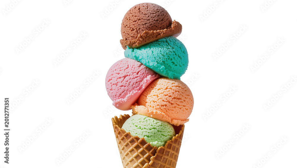 Fototapeta premium Towering stack of five colorful ice cream scoops in waffle cone, isolated on transparent background
