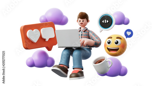 Man with laptop surrounded by social media icons and purple clouds, isolated on transparent background