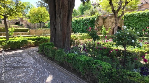 Panoramic view of the Generalife Gardens in the Alhambra complex in Granada, Andalusia, Spain.