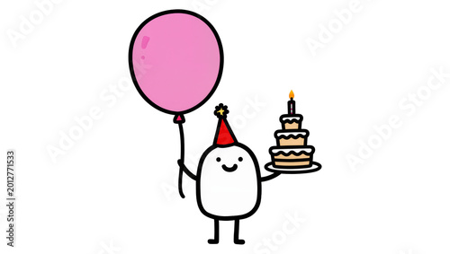 Cute character with party hat holding pink balloon and cake, isolated on transparent background