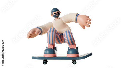 Stylized cartoon character with striped pants riding a skateboard, isolated on transparent background
