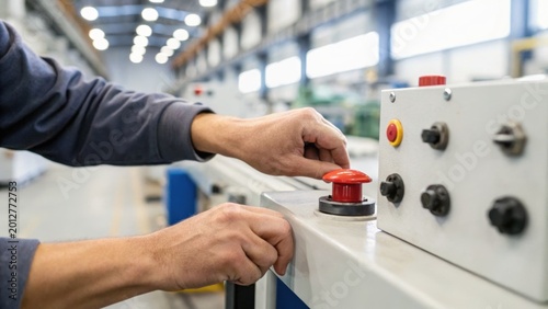 A person’s hands pressing a red emergency stop button on industrial control panel inside a factory or manufacturing facility.