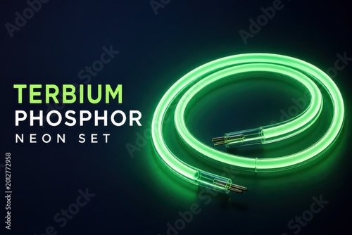 Glowing green neon tube with terbium phosphor effect isolated on dark background for science and technology concepts