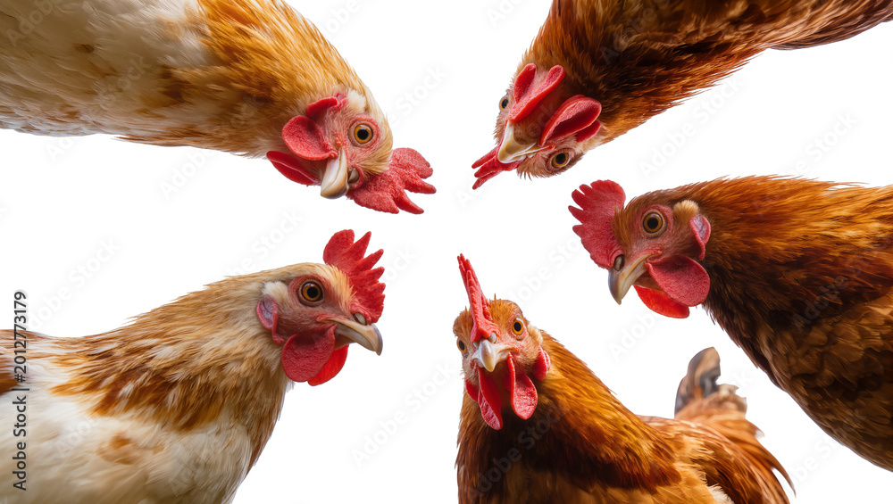 Obraz premium Five curious chickens gathered in a circle, isolated on transparent background