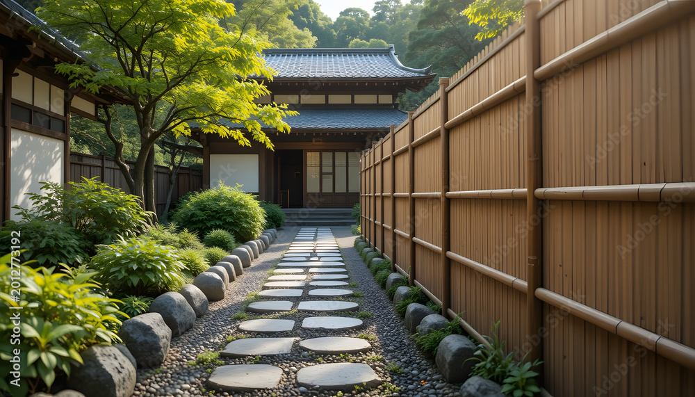 Obraz premium Serene Japanese garden path with stepping stones and bamboo fence, leading to a traditional house, isolated on transparent background.