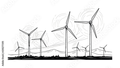 Fotografía Wind Turbine Illustration: A detailed line drawing showcases several wind turbines, harnessing the power of the wind against a backdrop of rolling hills and a dynamic sky