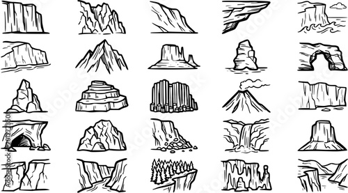 Принти на полотні Black and White Line Art Icons of Diverse Mountain and Cliff Formations for Natu