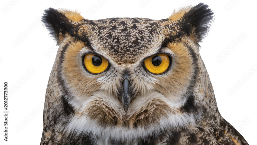 Obraz premium Great Horned Owl head with piercing yellow eyes, isolated on transparent background