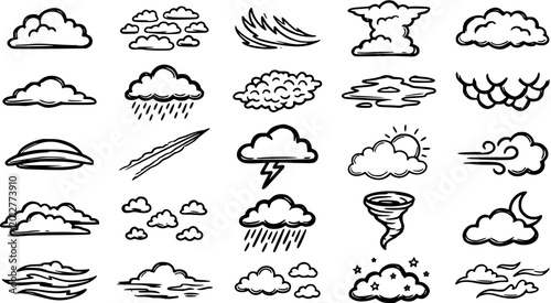 Foto Black and White Line Art Icons of Weather Phenomena and Clouds