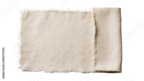 Foto Rough textured beige linen fabric swatch with frayed edges, isolated on transpar