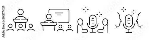 Tableau sur toile Speaker presenting lecture and podcast discussion in icons