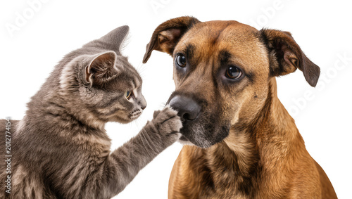 Fotografija Gray tabby cat pawing at brown dog s nose, isolated on transparent background