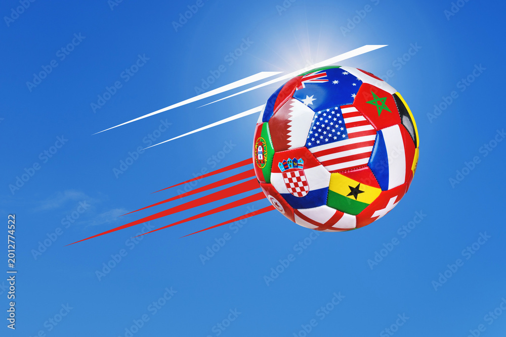 Obraz premium A highly detailed real soccer ball covered with multiple national flags symbolizing an international football tournament.