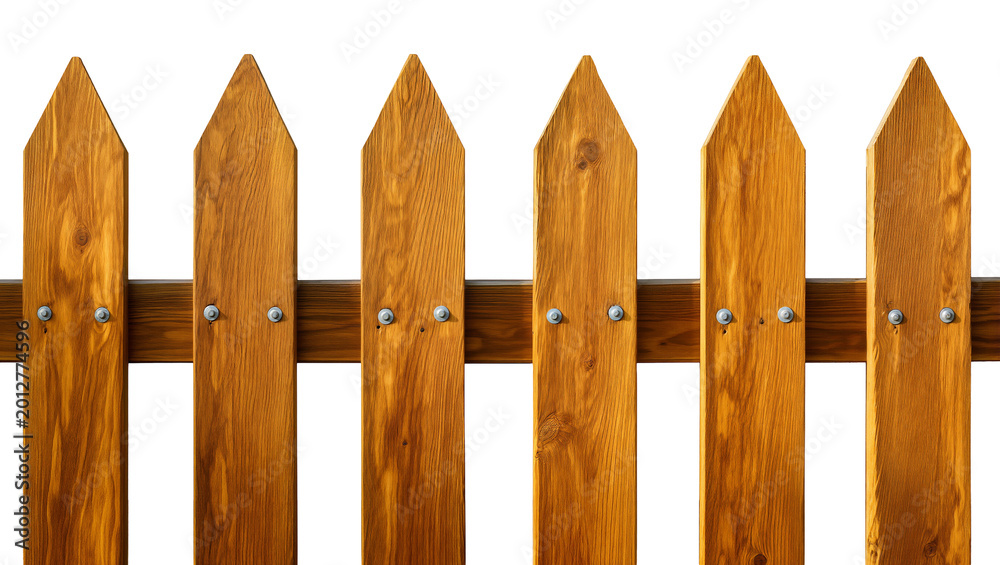 Obraz premium Wooden picket fence with pointed tops secured with metal nails, isolated on transparent background