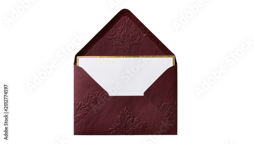 Burgundy embossed envelope with gold trim holding a white card, isolated on transparent background