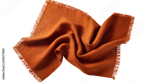 Textured burnt orange linen napkin with frayed edges, isolated on transparent background