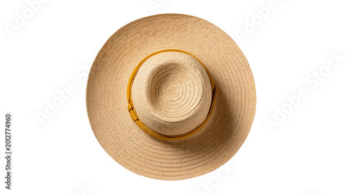 Wide-brimmed woven straw sun hat with yellow ribbon band, isolated on transparent background