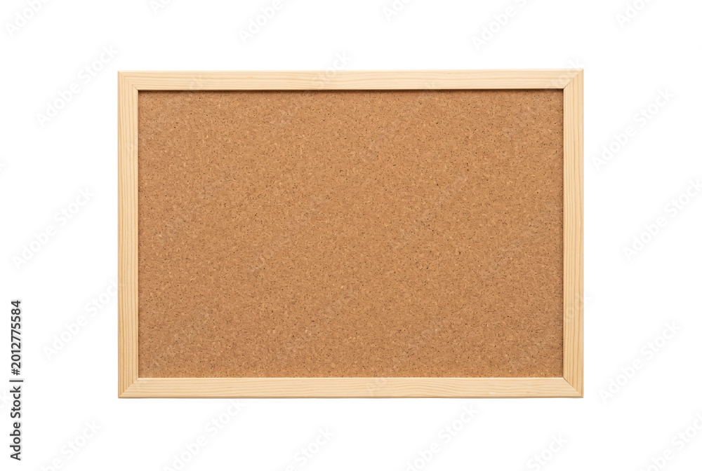 Fototapeta premium Clean empty cork bulletin board in light natural pine wooden frame. Smooth blank cork surface for notes and pinning displays.