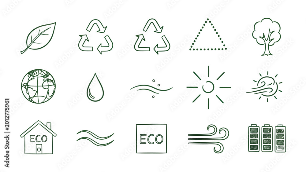 Fototapeta premium Eco-Friendly Symbols: A collection of meticulously crafted line art icons that perfectly encapsulate the essence of environmental protection and sustainable living.