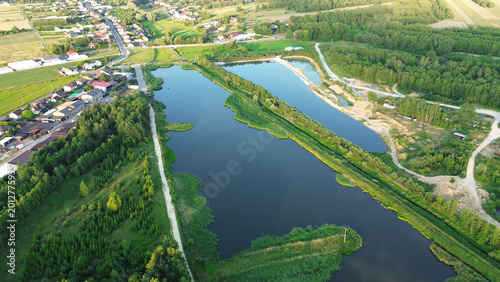 Bild auf Leinwand Drone shot of warehouse equipped with water supply and firefighting system
