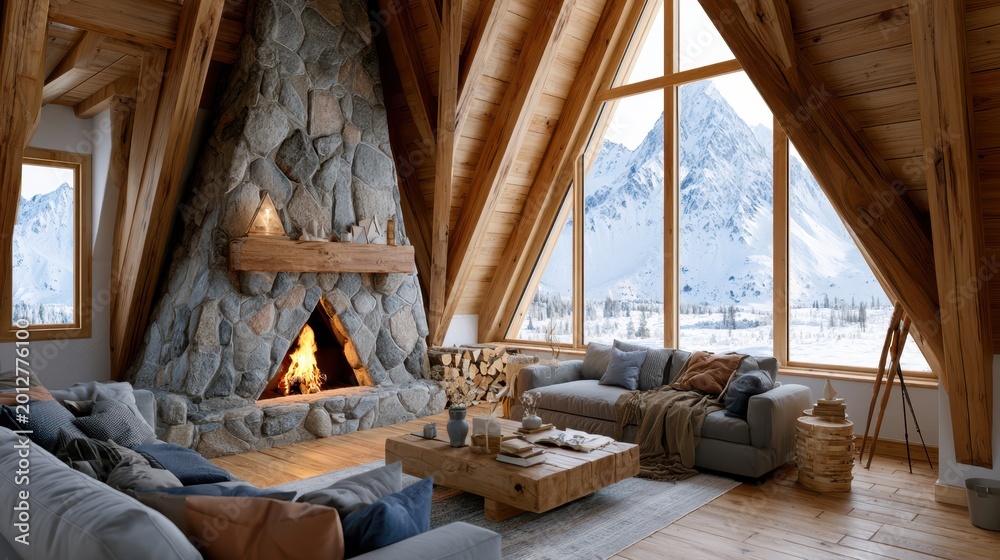 Fototapeta premium Cozy mountain cabin living room with stone fireplace and large windows overlooking snowy peaks