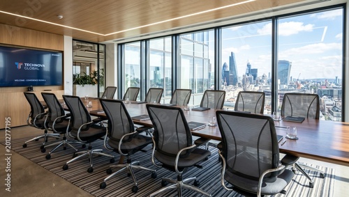 Chic boardroom with panoramic city view and large screen meeting room business