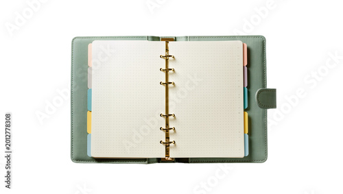 Quadro su tela Open green leather binder with blank grid pages and colorful dividers, isolated