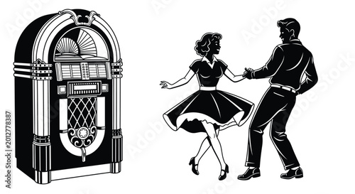 Принти на полотні Vintage jukebox and dancing couple illustration black and white silhouette