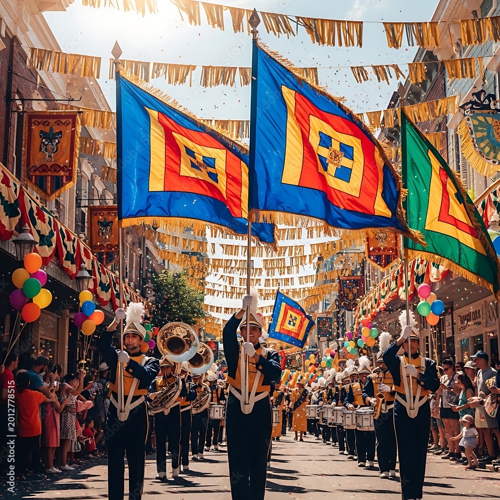 Fototapeta premium Marching Band Parade Celebrating Colorful Street Festival.
