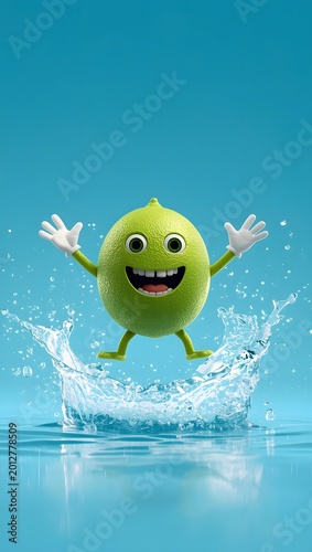 Playful cartoon lime character jumping in water splash with happy face on blue background